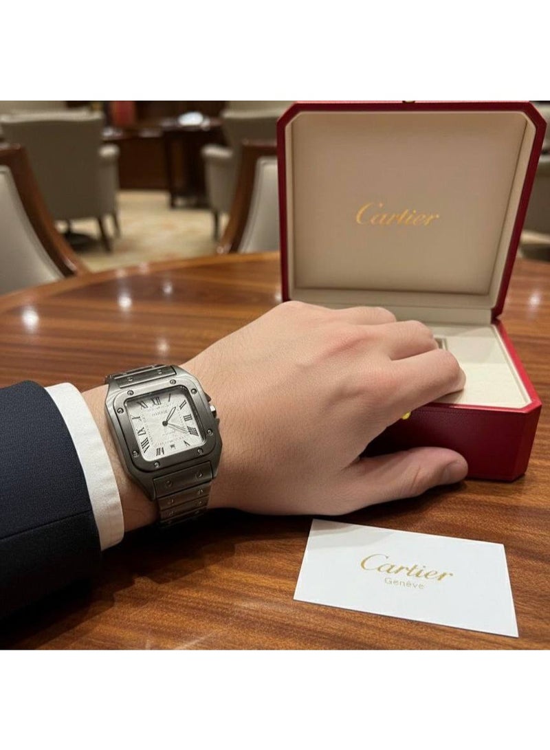 كارتييه ساعة كارتييه سانتوس رجالي – سوار معدني فضي وميناء أبيض - Image 4